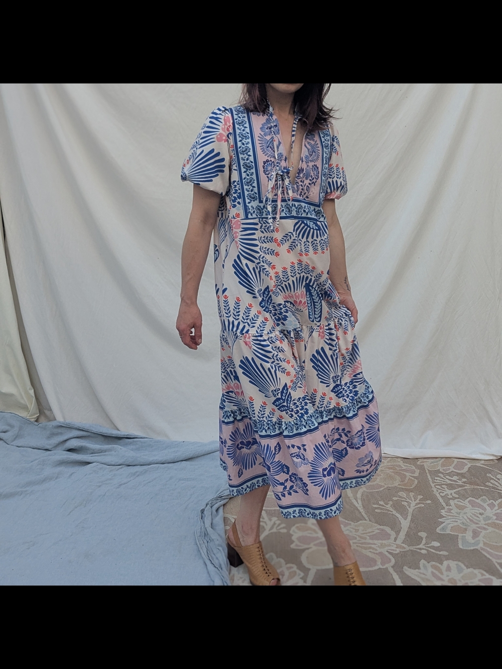 Long Boho Floral Dress in Blue and Pink